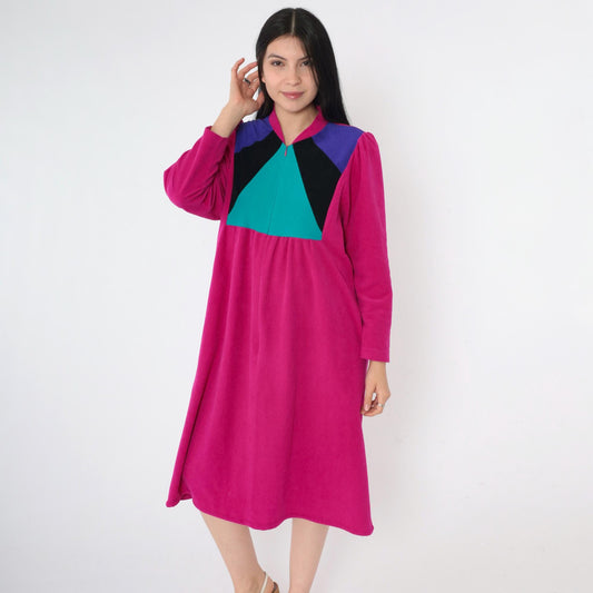 80s Vassarette Velour Lounge Dress Fuchsia Color Block Midi Zip Front Medium M