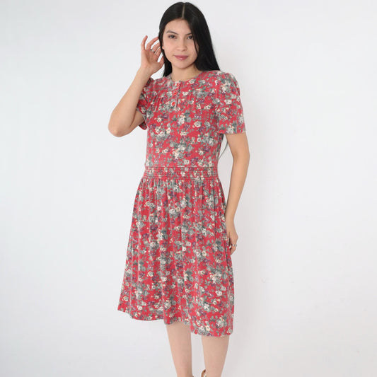 80s Red Floral Midi Dress Puff Sleeve Smocked Waist Extra Small