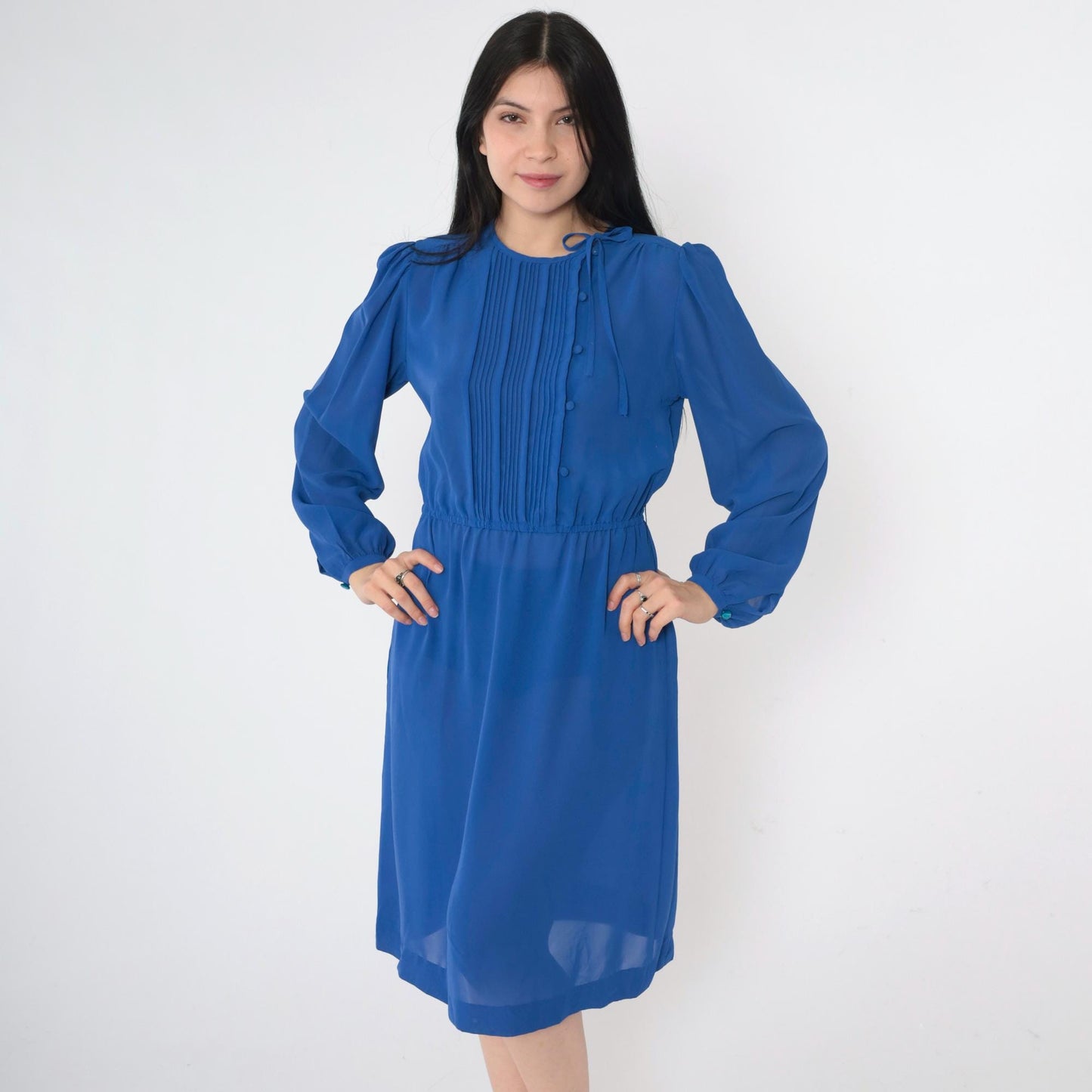 80s Sheer Blue Shirtwaist Midi Dress Puff Sleeve High Waist Small Medium