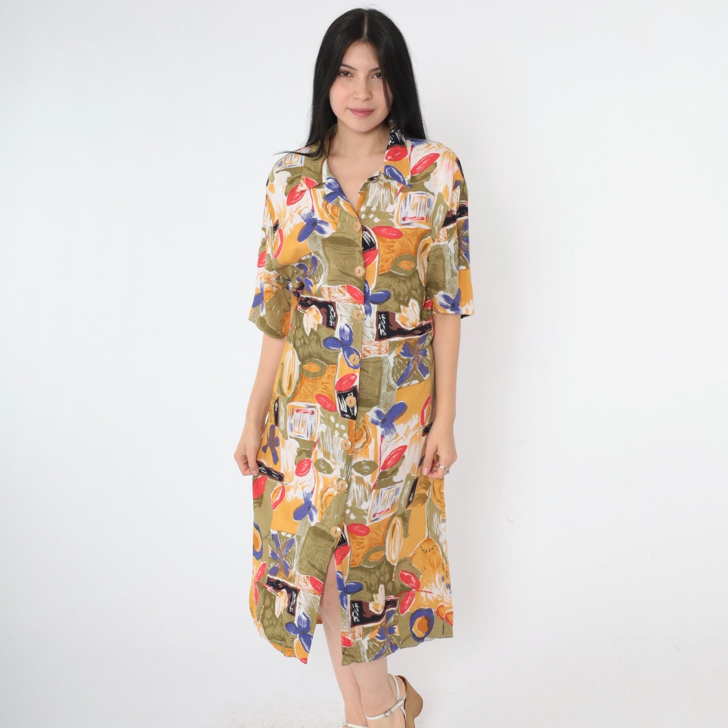 90s Abstract Floral Midi Shirt Dress Button Up Rayon Olive Green Yellow Large