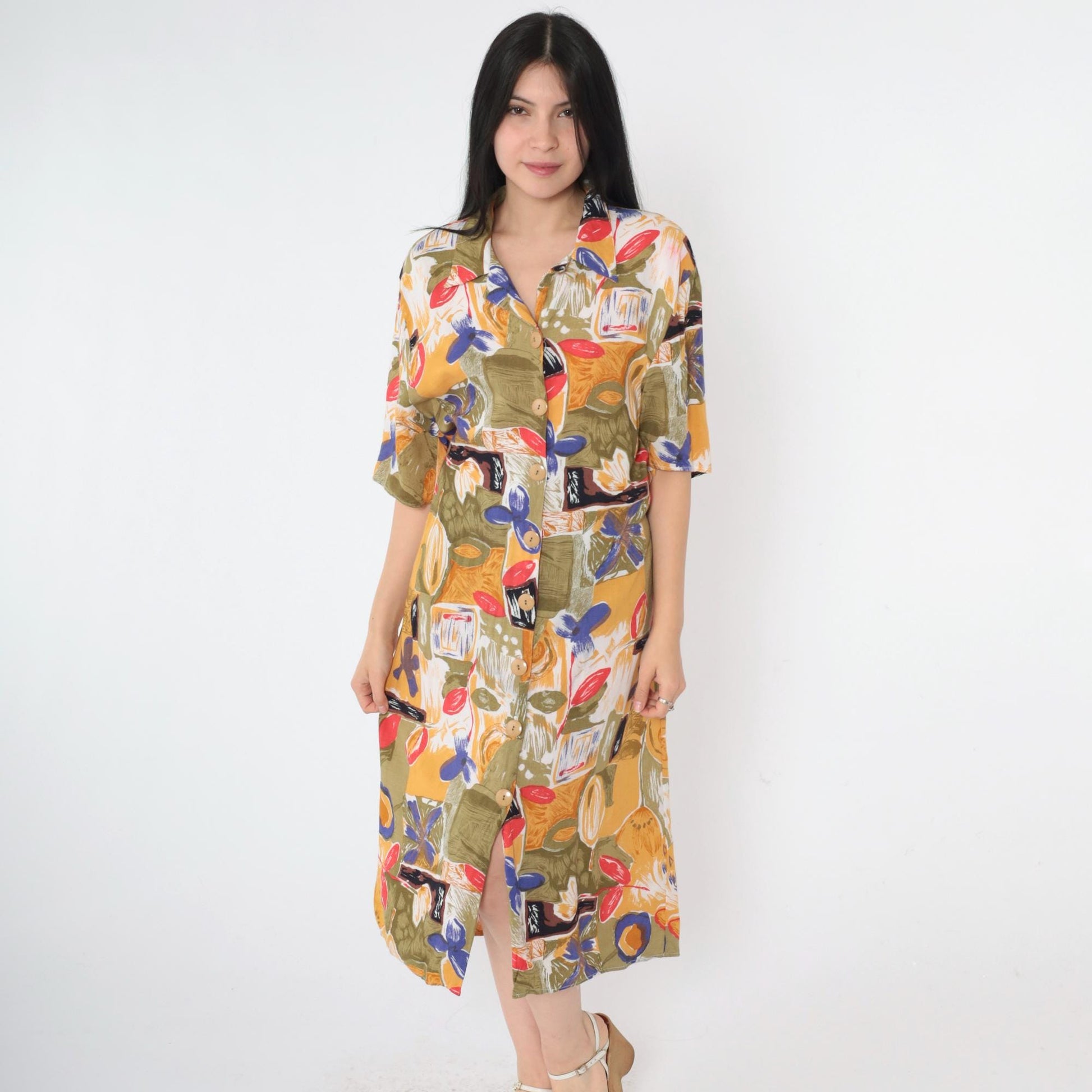 90s Abstract Floral Midi Shirt Dress Button Up Rayon Olive Green Yellow Large