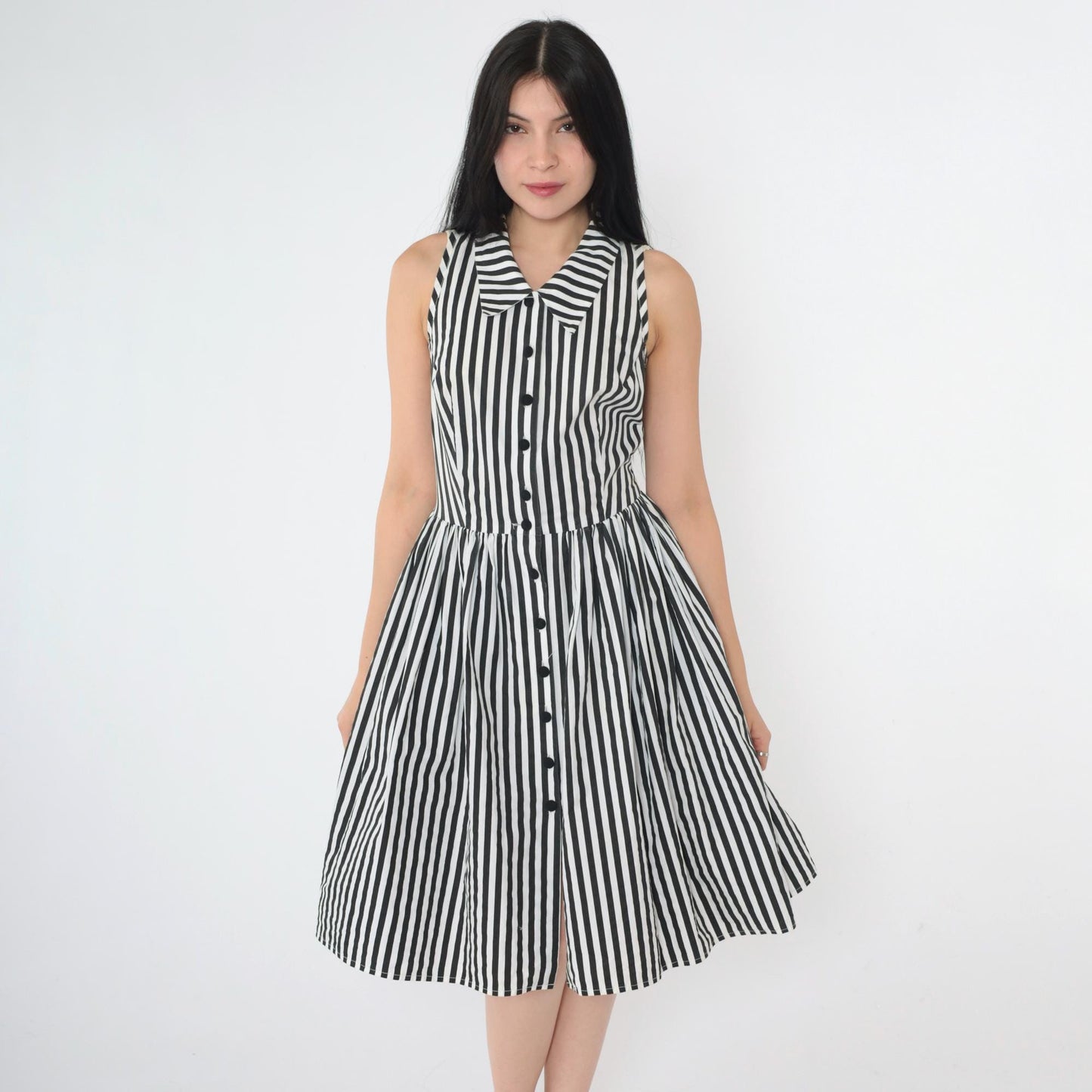 Y2K Black White Striped Shirtdress Knee Length Sleeveless High Waist Extra Small