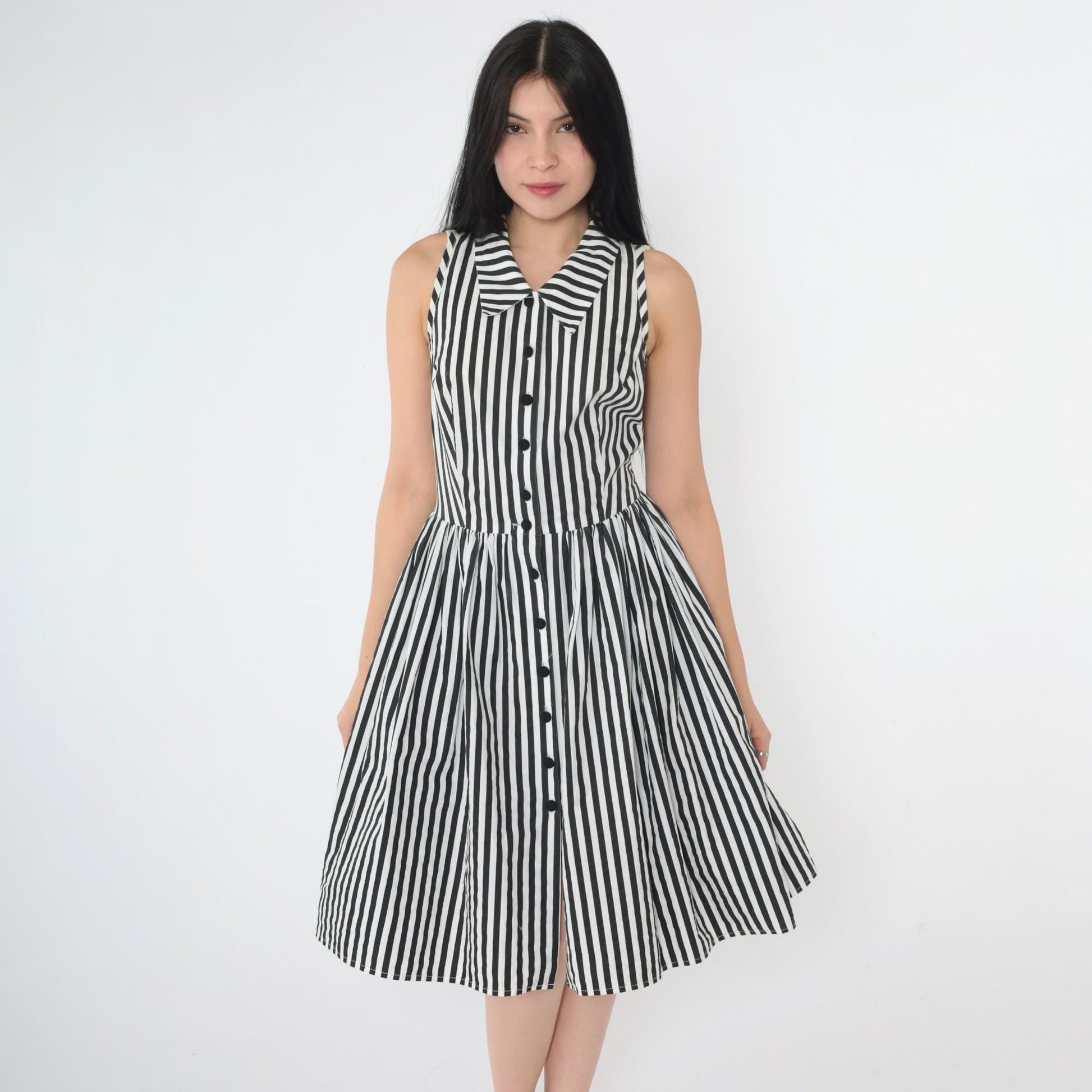 Y2K Black White Striped Shirtdress Knee Length Sleeveless High Waist Extra Small