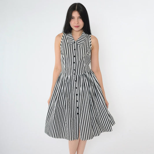 Y2K Black White Striped Shirtdress Knee Length Sleeveless High Waist Extra Small