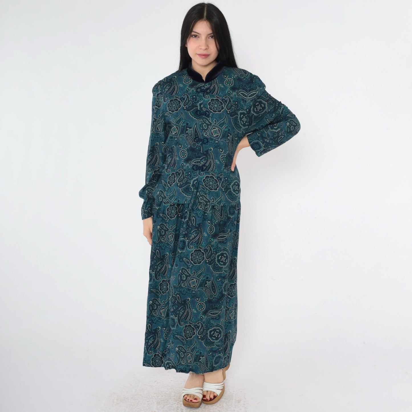 90s Blue Paisley Mandarin Collar Maxi Dress Puff Sleeve Frog Closure Medium Large
