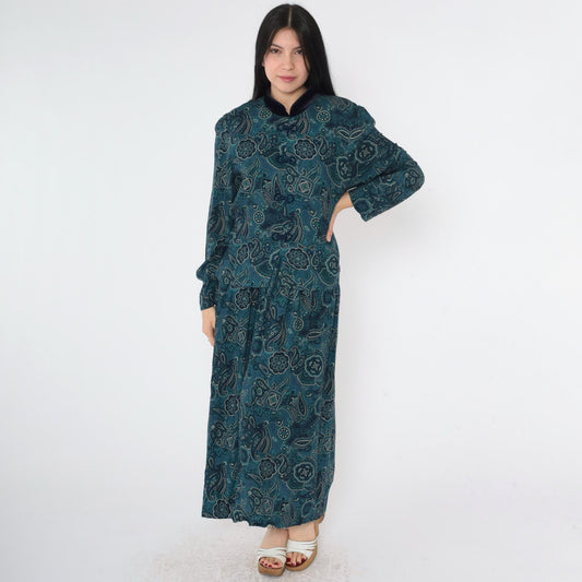 90s Blue Paisley Mandarin Collar Maxi Dress Puff Sleeve Frog Closure Medium Large