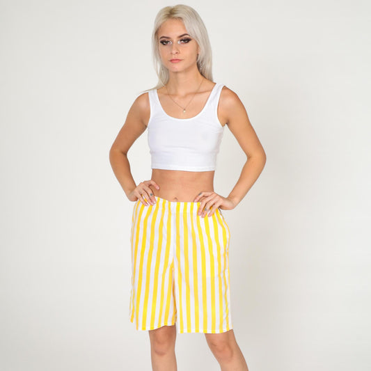 90s Sportego Striped Bermuda Shorts Yellow White Elastic Waist Small