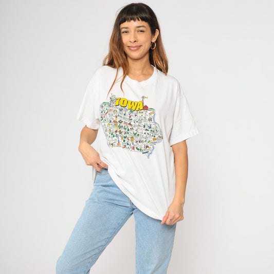 90s Iowa State Map Graphic T-Shirt White Crewneck Extra Large XL