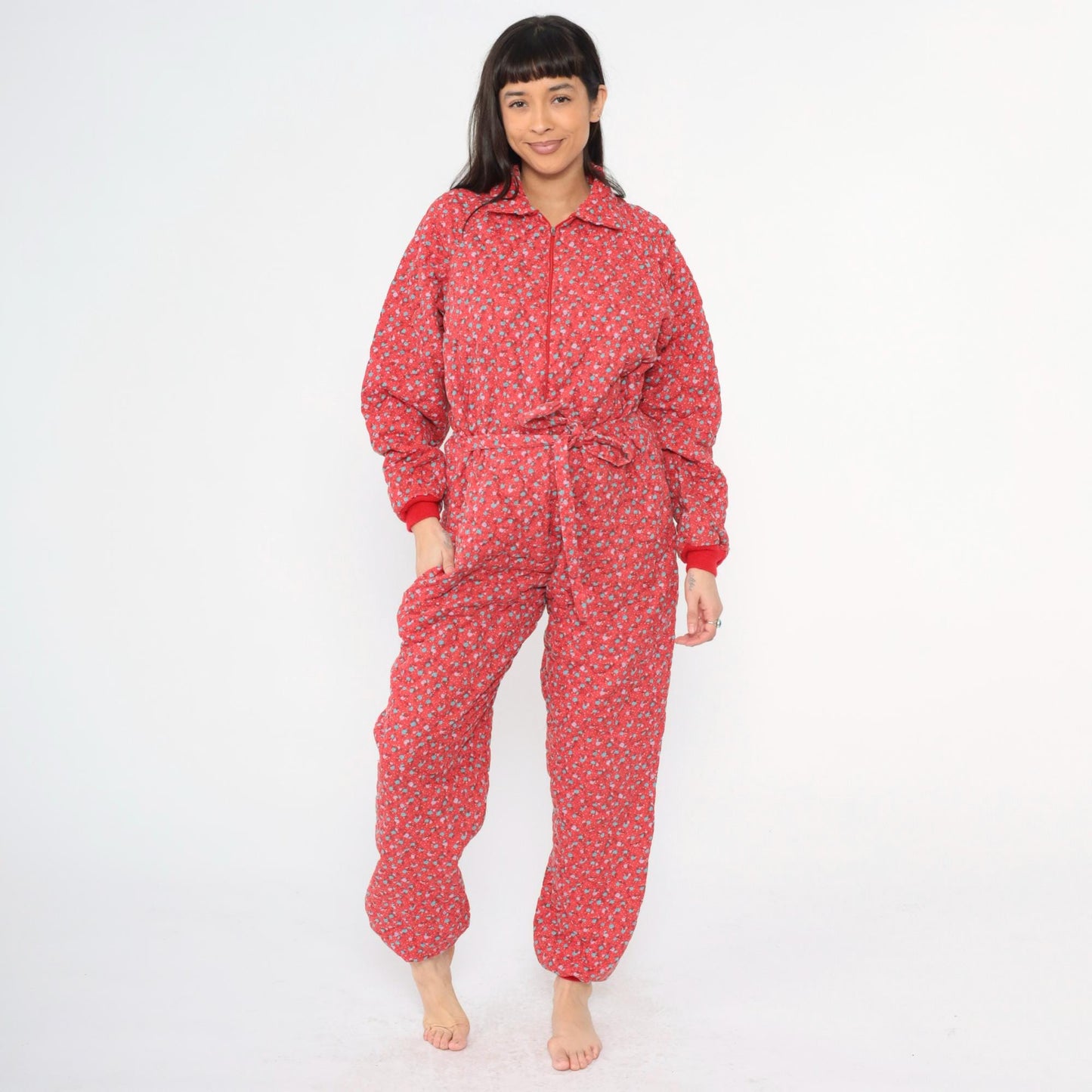80s G. Caserotti Quilted Floral Jumpsuit Red Calico Raglan Pajama Medium Large
