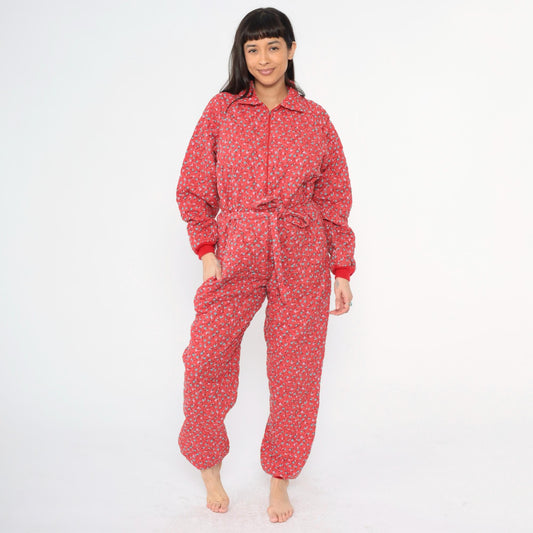 80s G. Caserotti Quilted Floral Jumpsuit Red Calico Raglan Pajama Medium Large