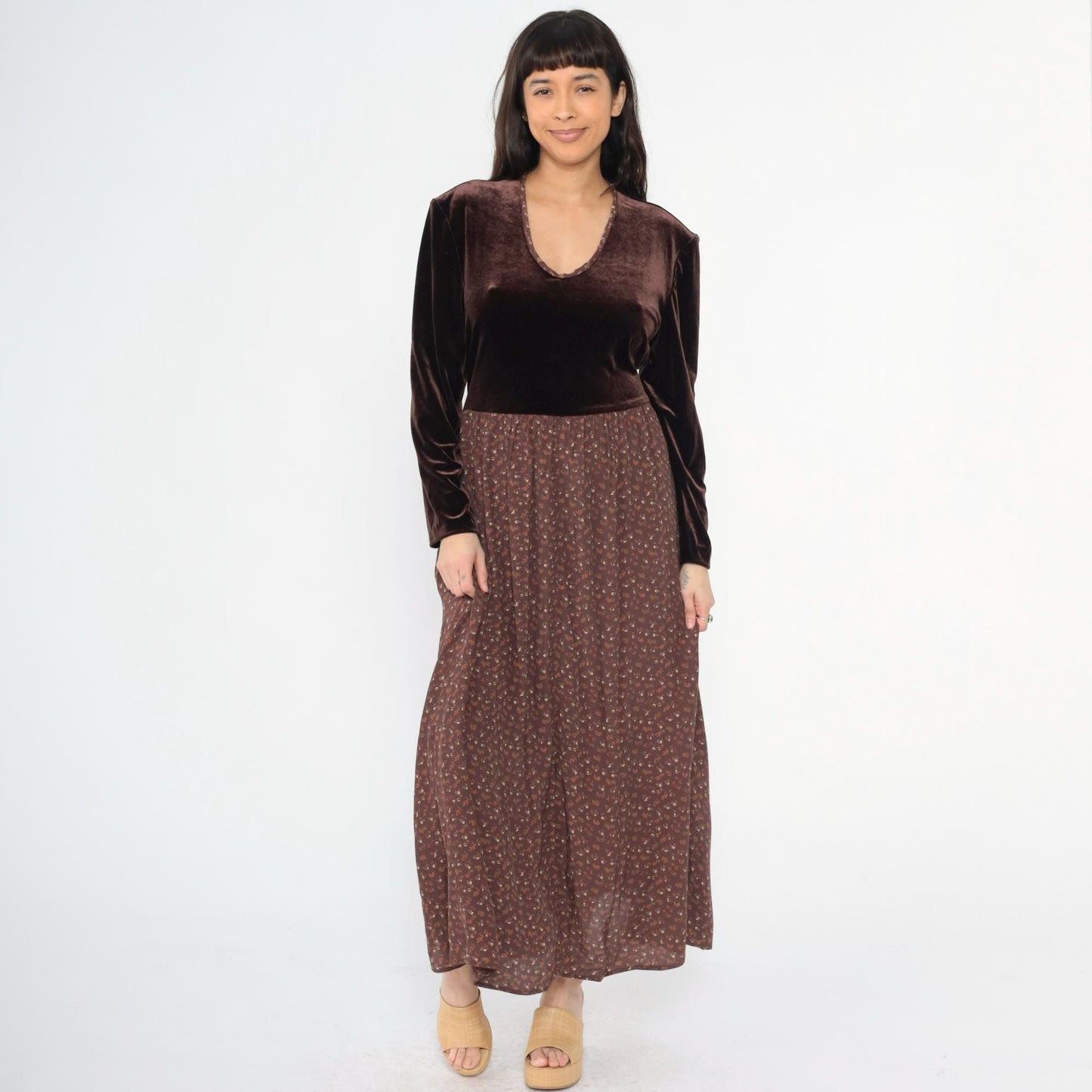 90s Zoe California Floral Velvet Maxi Dress Brown Scoop Neck High Waist Extra Large