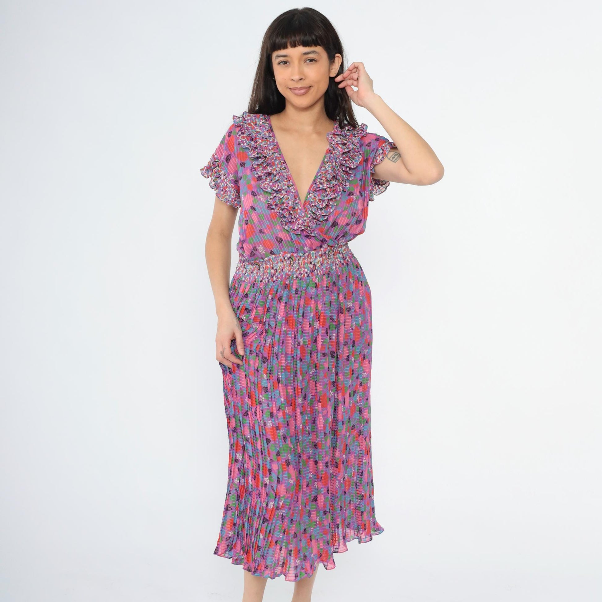 80s Diane Freis Floral Midi Dress Deep V Ruffle Cap Sleeve Purple Pink Small Medium
