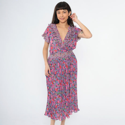 80s Diane Freis Floral Midi Dress Deep V Ruffle Cap Sleeve Purple Pink Small Medium