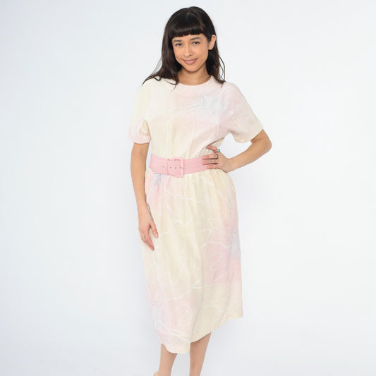 80s Pastel Floral Midi Dress Keyhole Back High Waist Belt Pink Yellow Small