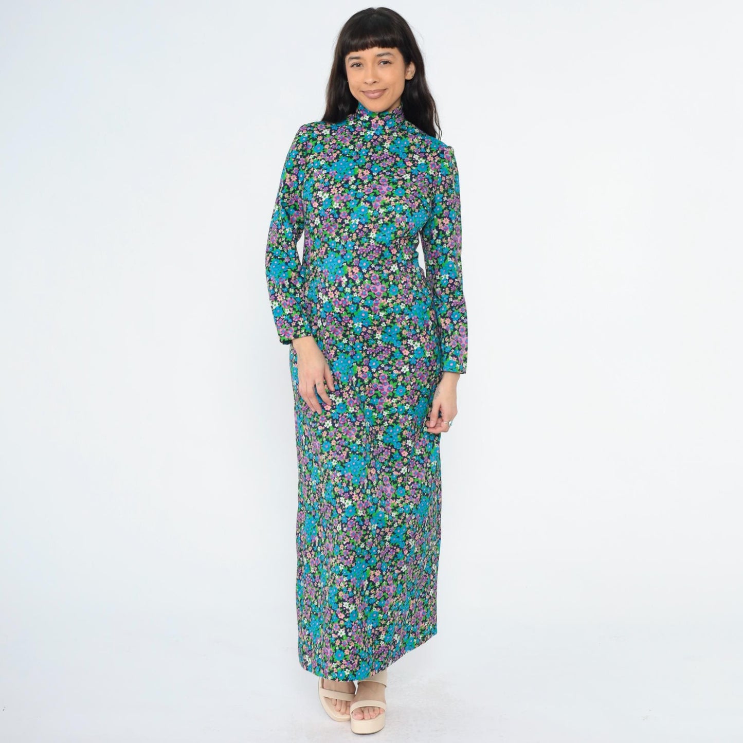 70s Blue Floral Maxi Dress Mock Neck Long Sleeve Princess Seams Small S
