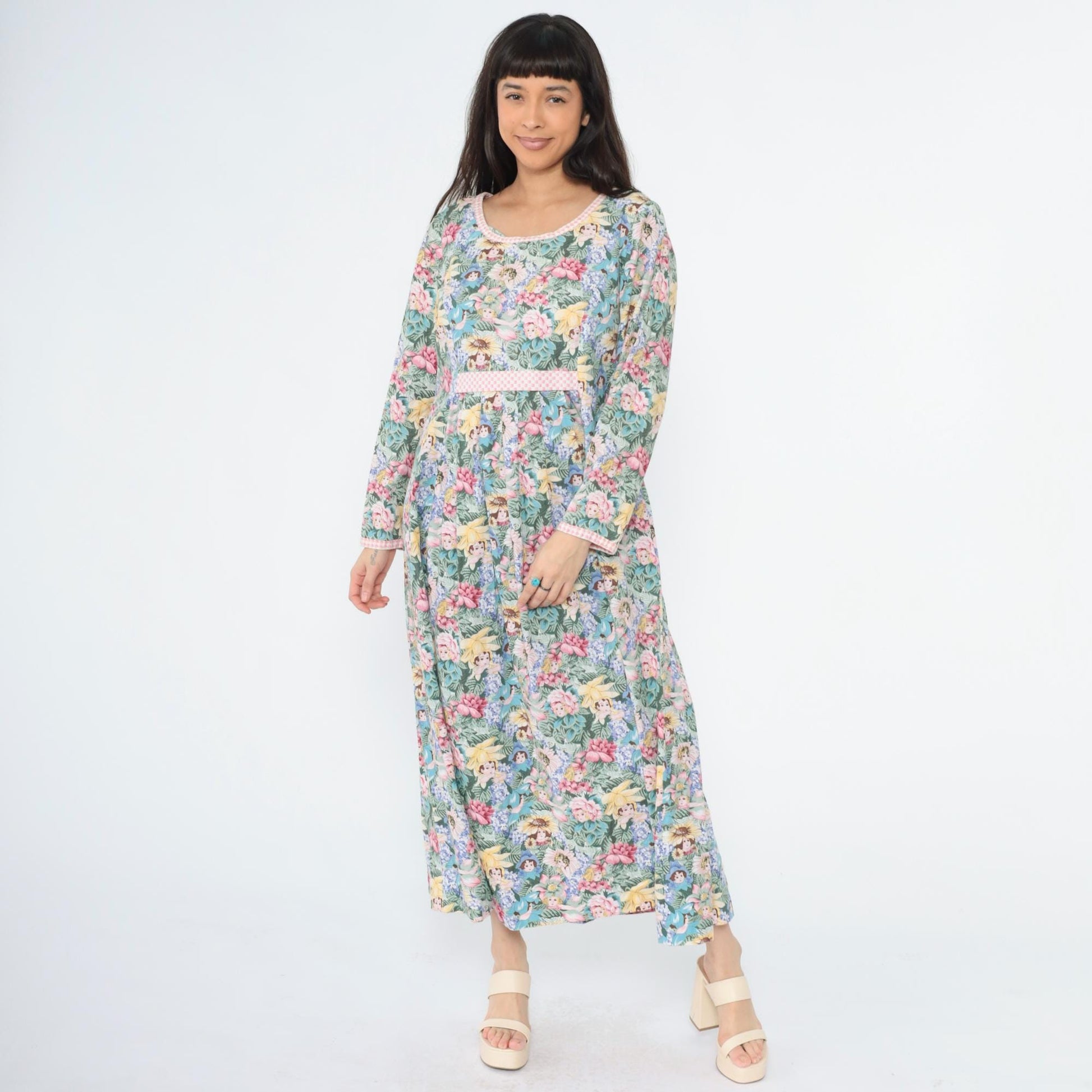 90s Floral Maxi Dress Flower Child Print Empire Waist Long Sleeve Medium Large