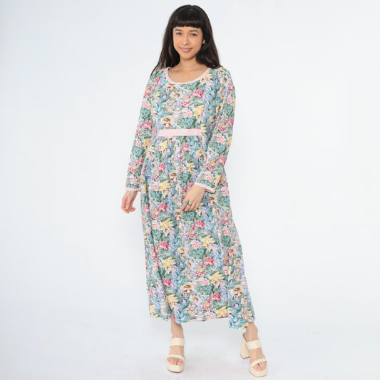 90s Floral Maxi Dress Flower Child Print Empire Waist Long Sleeve Medium Large