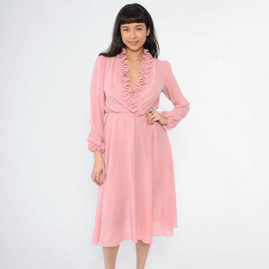 70s Ursula of Switzerland Pink Ruffle Midi Dress V-Neck Long Sleeve Medium M