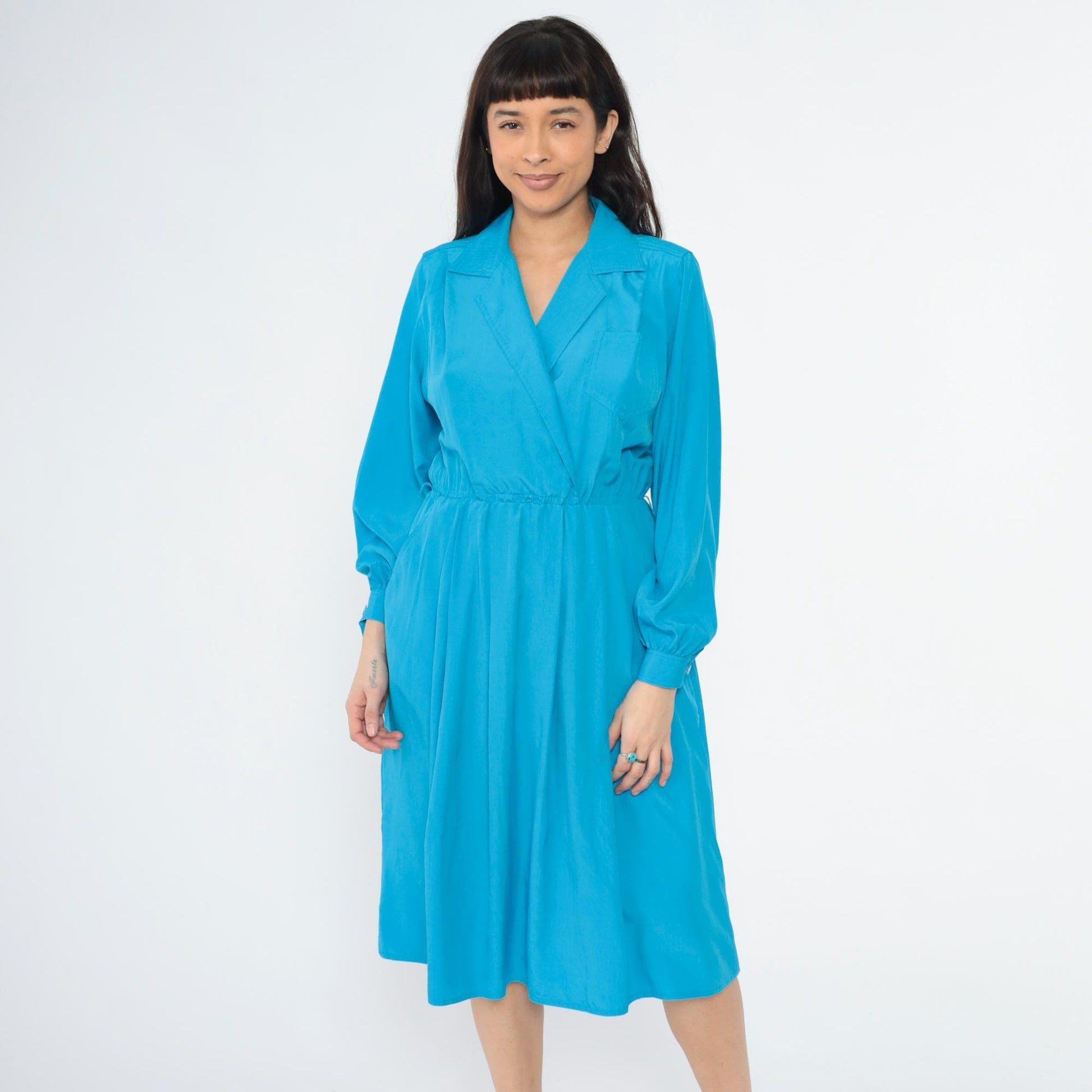 80s Leslie Fay Blue Midi Shirtdress Faux Wrap Collared Long Sleeve Medium