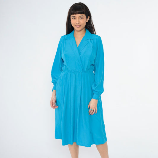 80s Leslie Fay Blue Midi Shirtdress Faux Wrap Collared Long Sleeve Medium