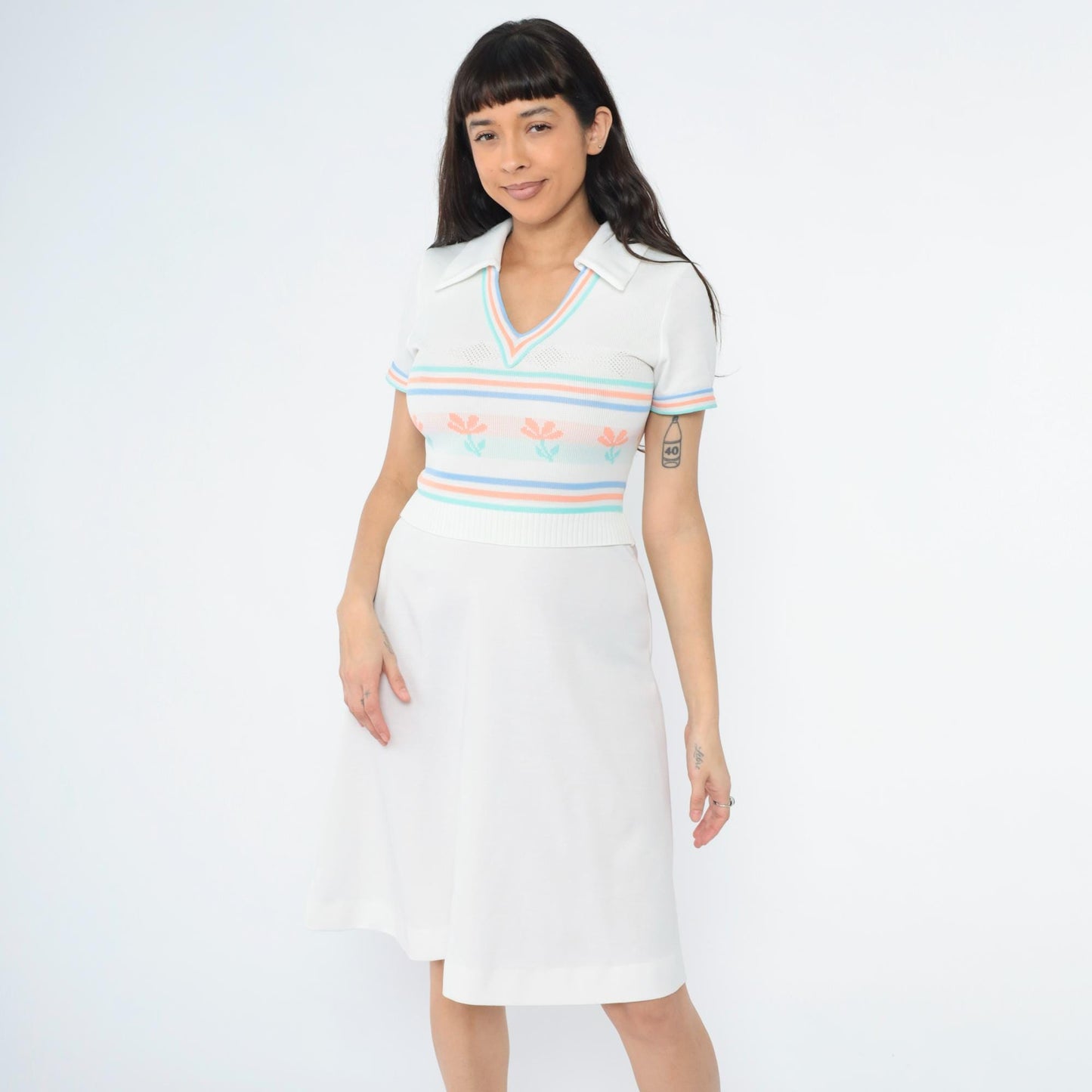70s White Knit Dress Floral Stripe Collared V-Neck Midi Small
