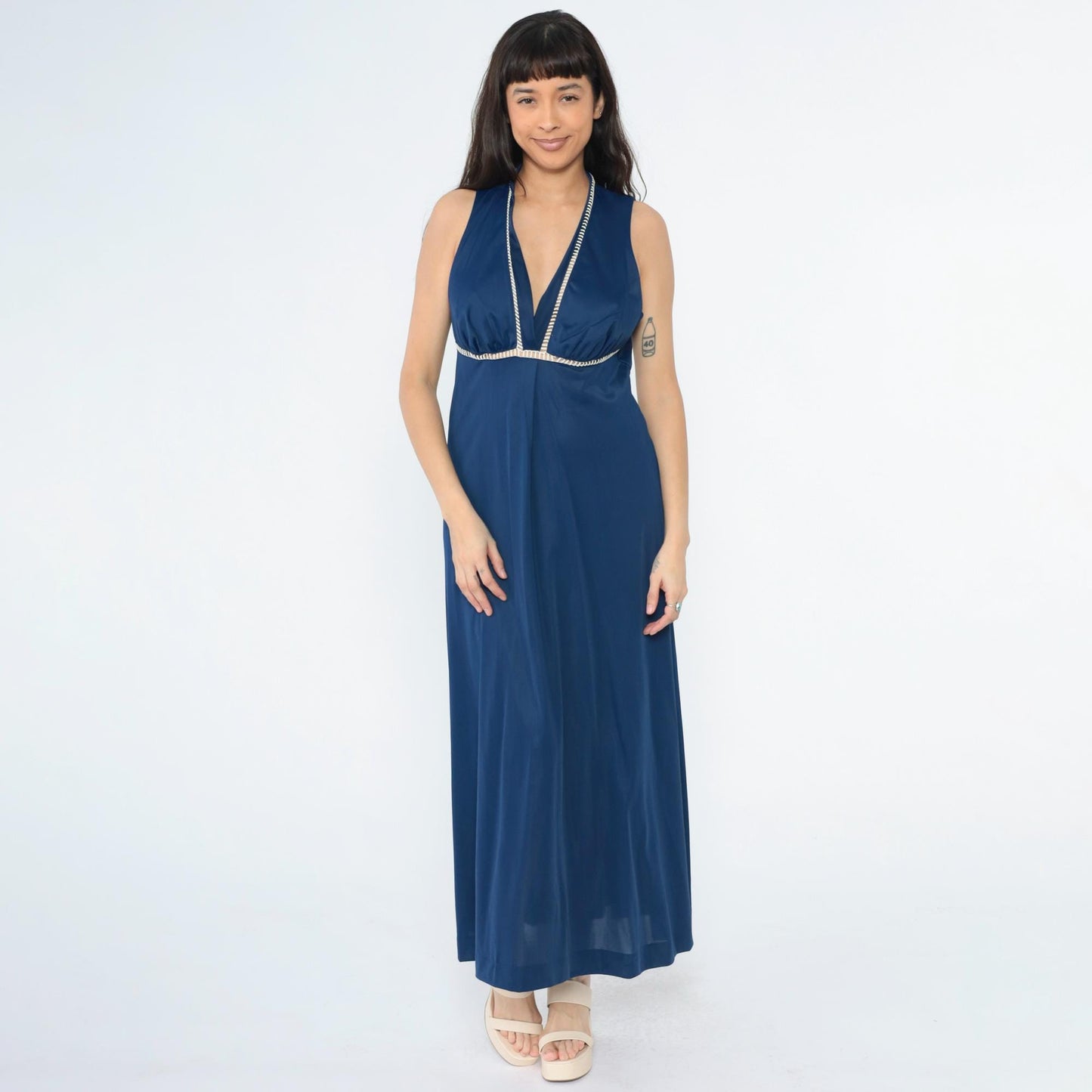 70s Vanity Fair Dark Blue Nylon Maxi Slip Dress Empire Waist Cutout Medium