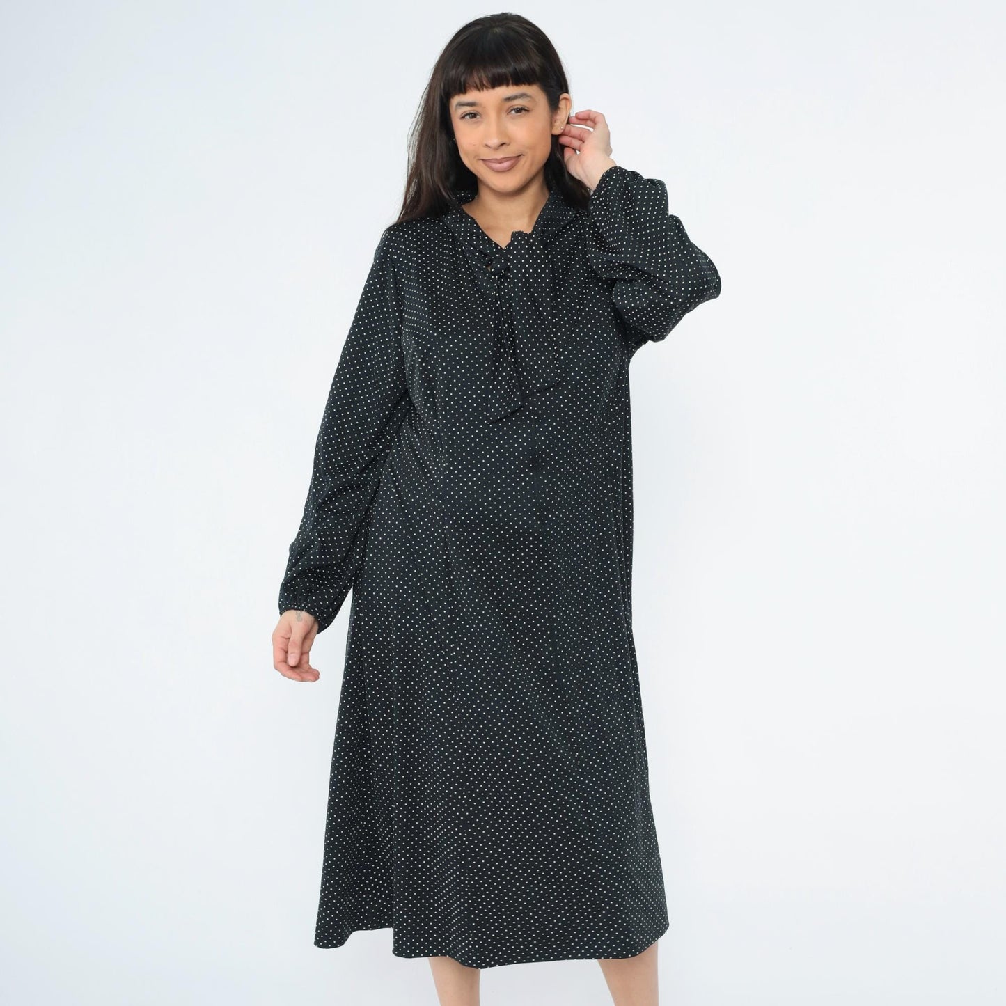 70s Black Polka Dot Ascot Midi Dress Long Sleeve Shift Plus Size XXL