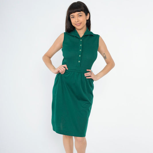 70s Dark Green Ribbed Knit Button-Up Dress Sleeveless Knee-Length Small Medium