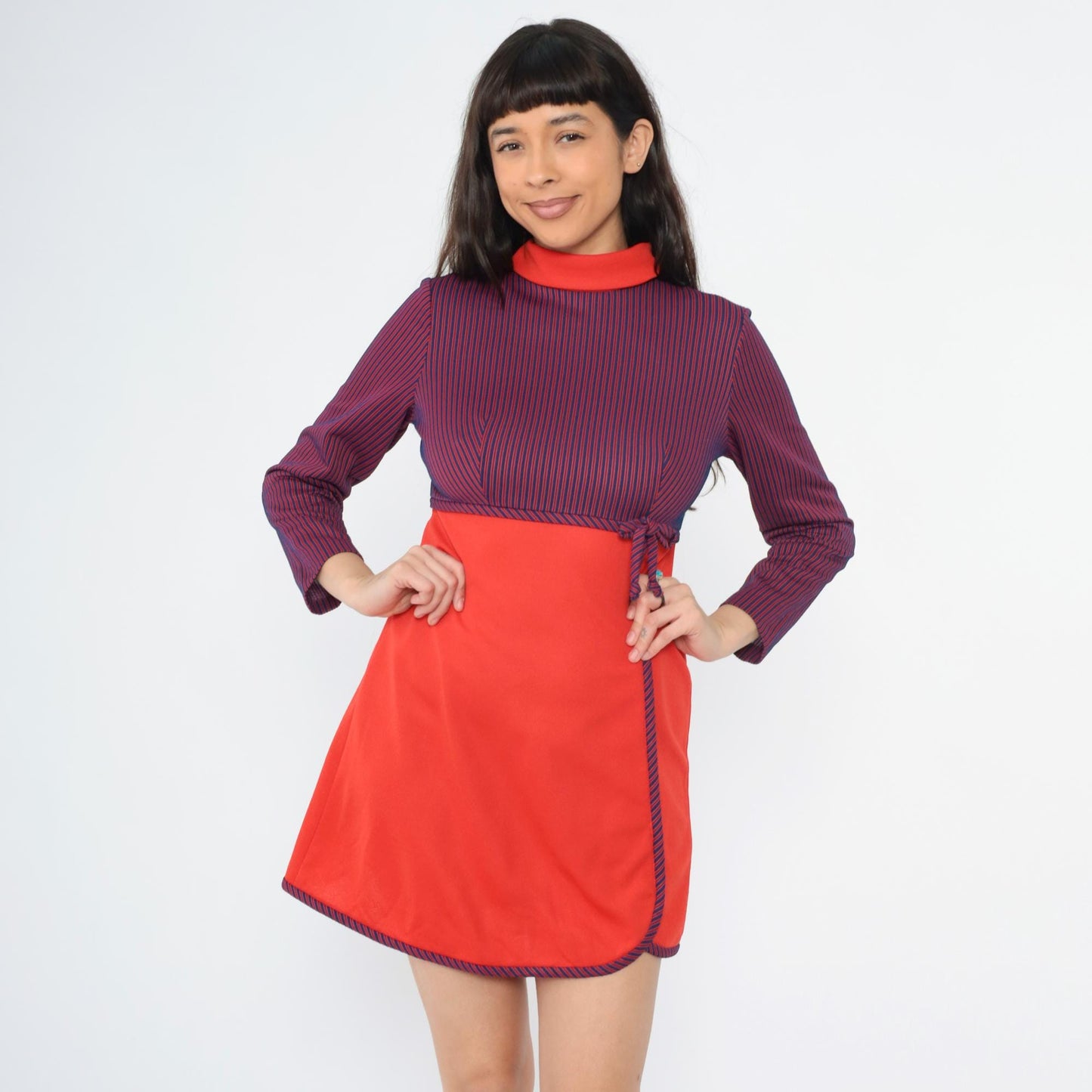 60s Mod Mini Dress Red Blue Striped Empire Waist Mock Neck Small