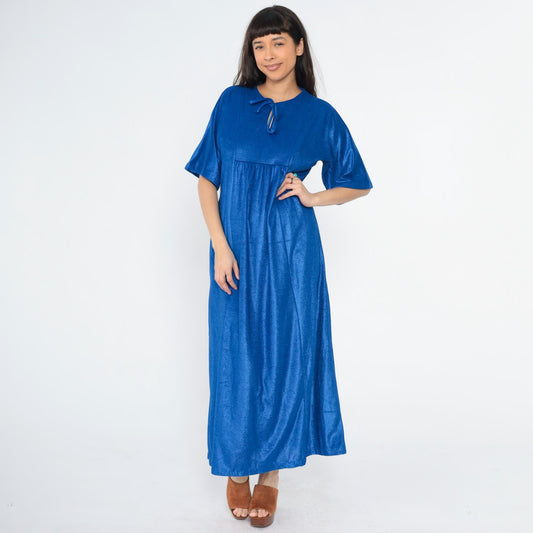 70s Paulette New York Terry Cloth Caftan Maxi Dress Royal Blue Keyhole Medium
