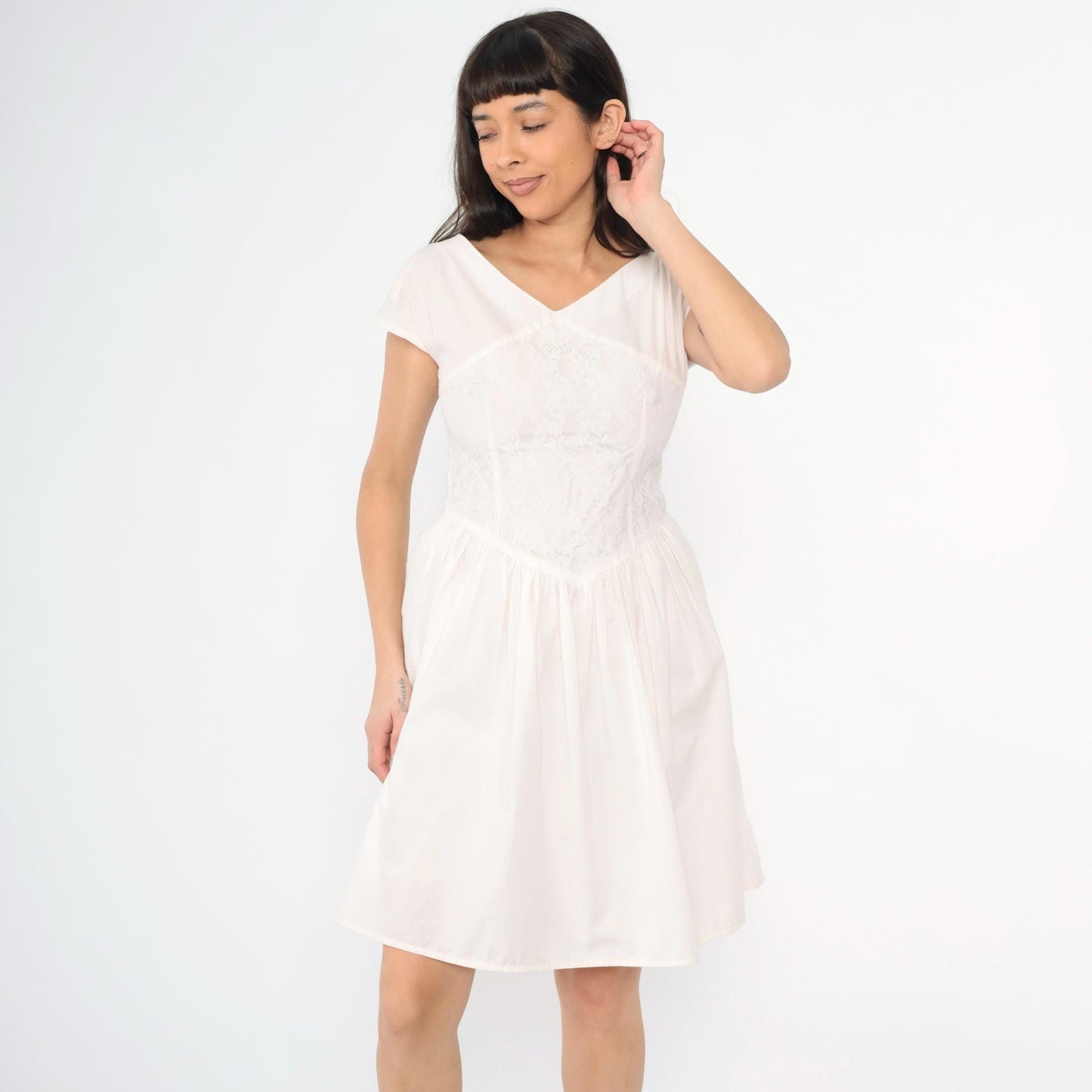 80s Pale Pink Lace Party Dress Cap Sleeve Basque Waist Mini Small S