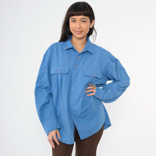 80s Gitano Blue Oxford Button-Up Shirt Chest Pocket Long Sleeve Extra Large XL