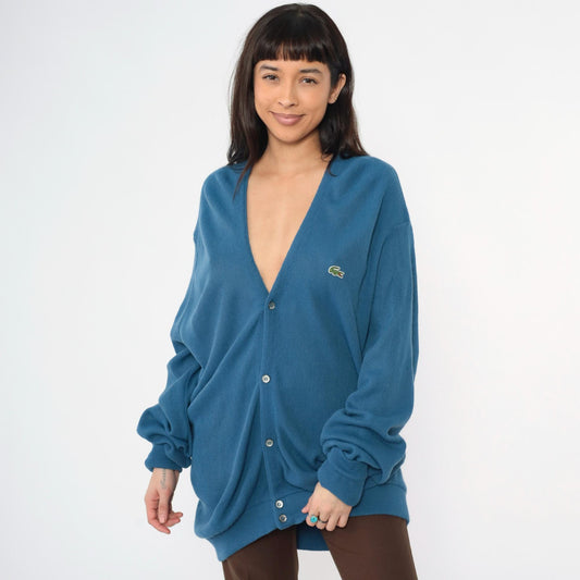 80s Izod Lacoste Blue Cardigan Sweater Crocodile Logo Knit Extra Large XL
