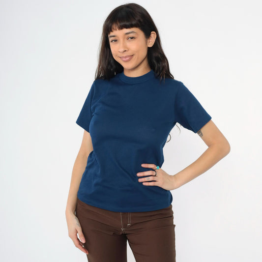 70s Navy Ribbed Knit Crewneck Short Sleeve Top Small