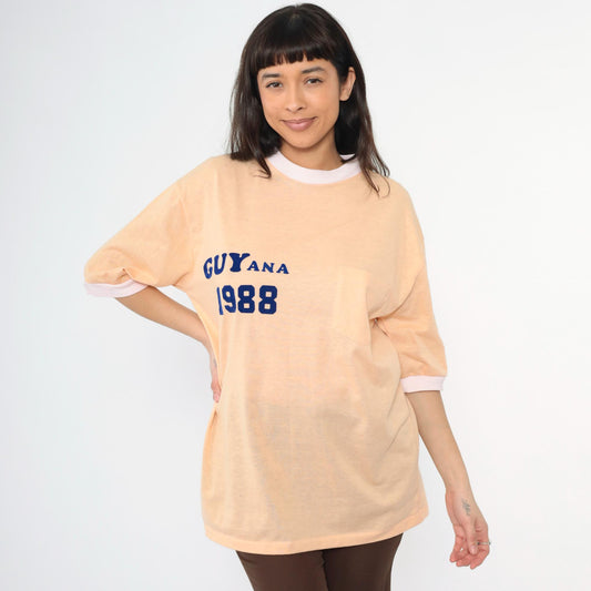 80s Guyana 1988 Peach Ringer T-Shirt Flocked Navy Graphic Tee Large