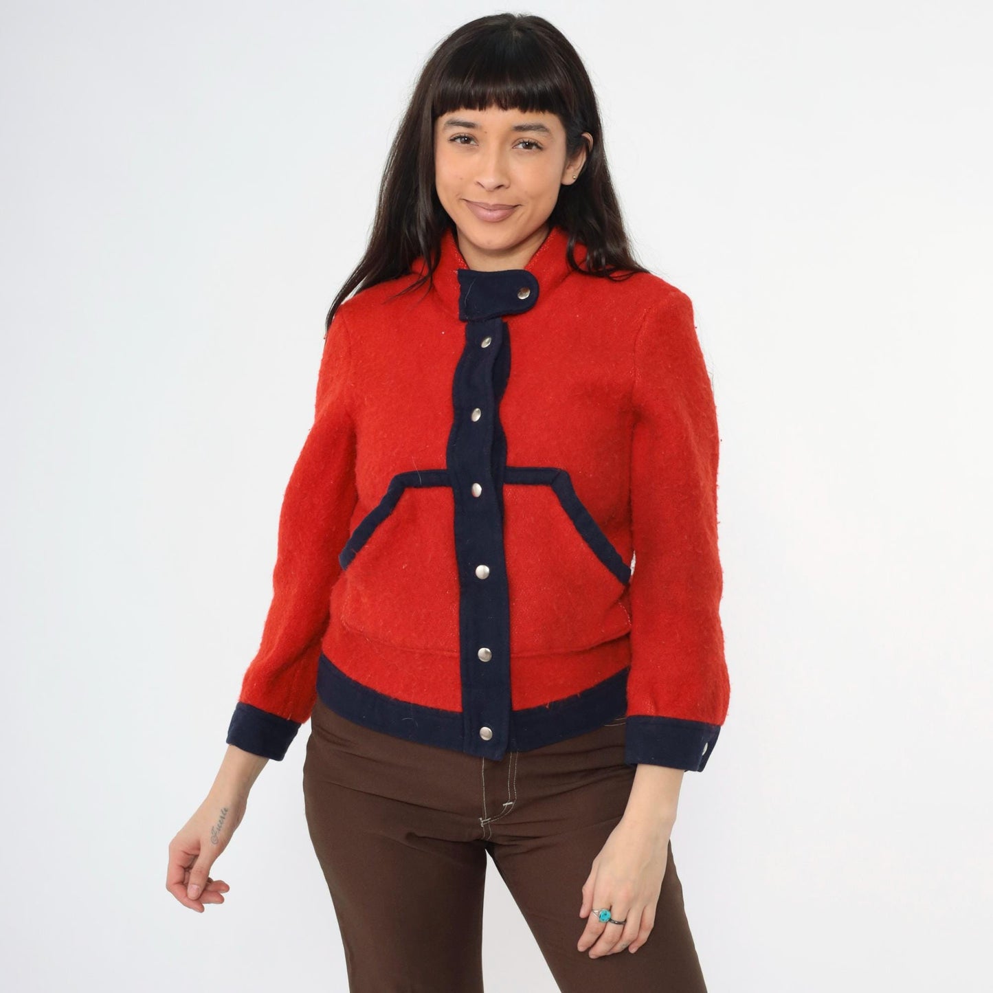 1970s Red Wool Hooded Jacket Navy Contrast Trim Snap Front Cropped Extra Small
