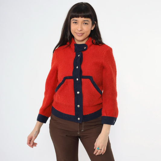 1970s Red Wool Hooded Jacket Navy Contrast Trim Snap Front Cropped Extra Small