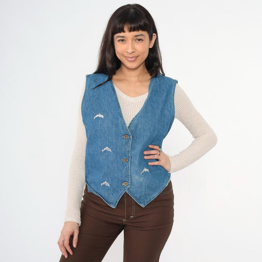 90s Sunbelt Sportswear Embroidered Dolphin Denim Vest Blue Button-Up Medium Large