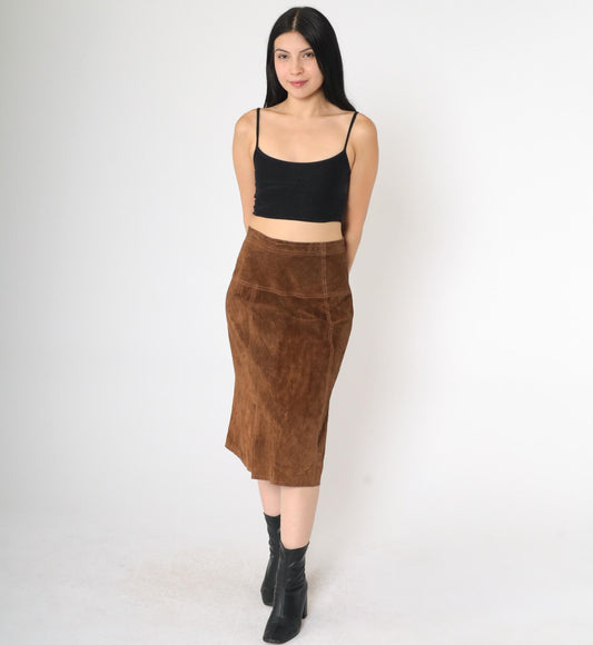 90s Brown Suede Midi Skirt High Waist Front Slit Small S