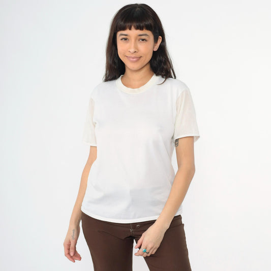 80s Quiana Nylon Blend Plain White Crew Neck T-Shirt Size 40