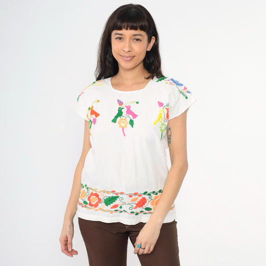 80s Mexican Embroidered Bird Blouse White Cotton Tunic Medium M