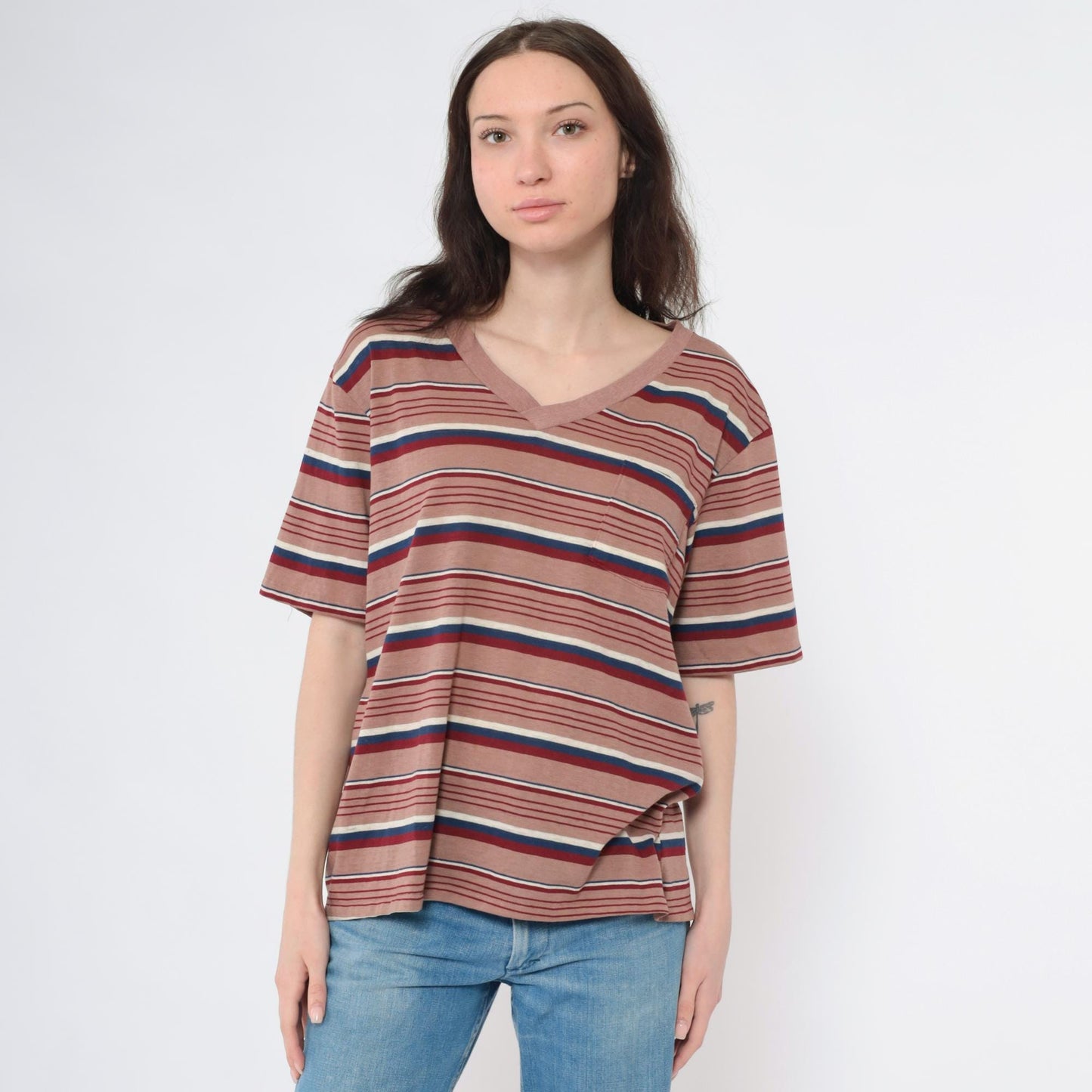 80s Striped V-Neck Tee Brown Red Navy Pocket T-Shirt Large L