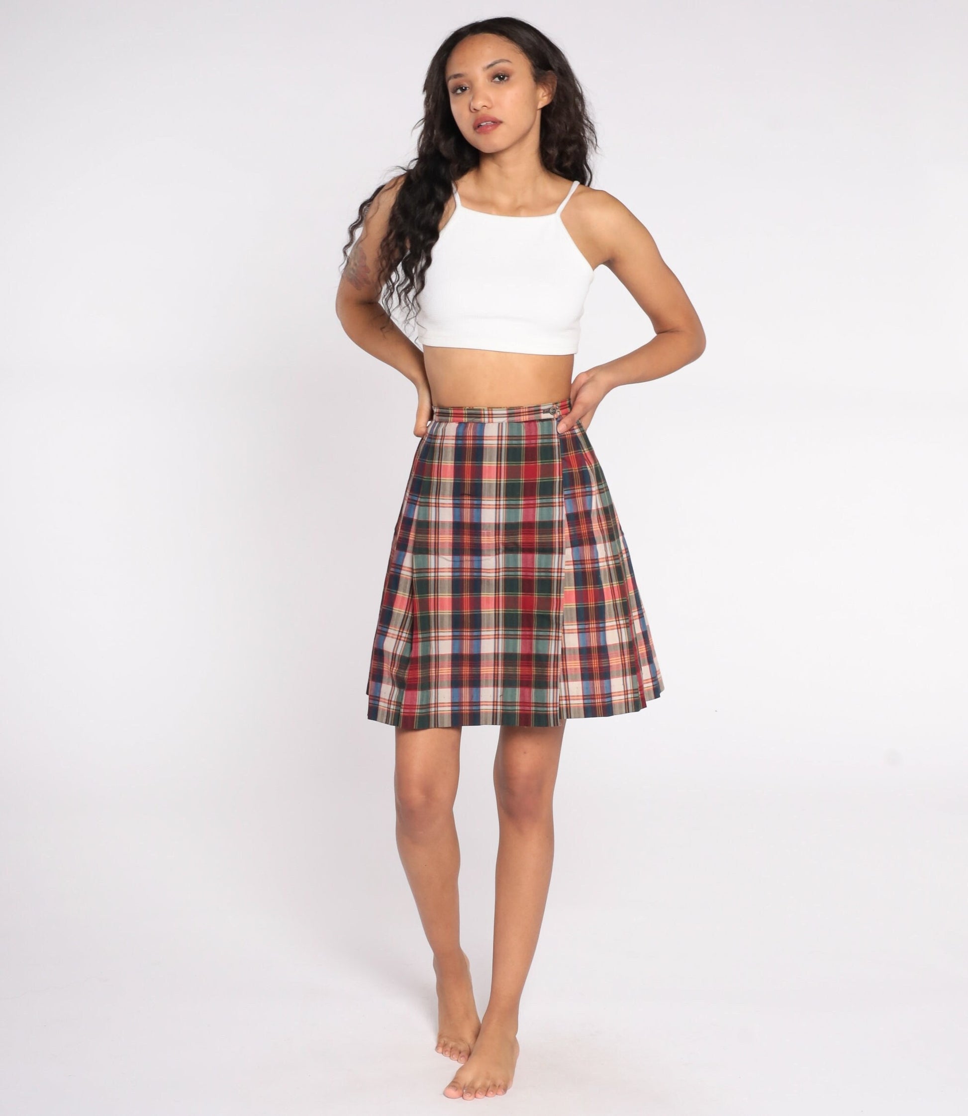 70s Plaid Pleated Mini Skirt High Waist Multicolor Tartan Extra Small