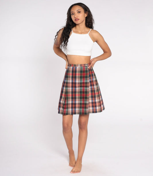 70s Plaid Pleated Mini Skirt High Waist Multicolor Tartan Extra Small