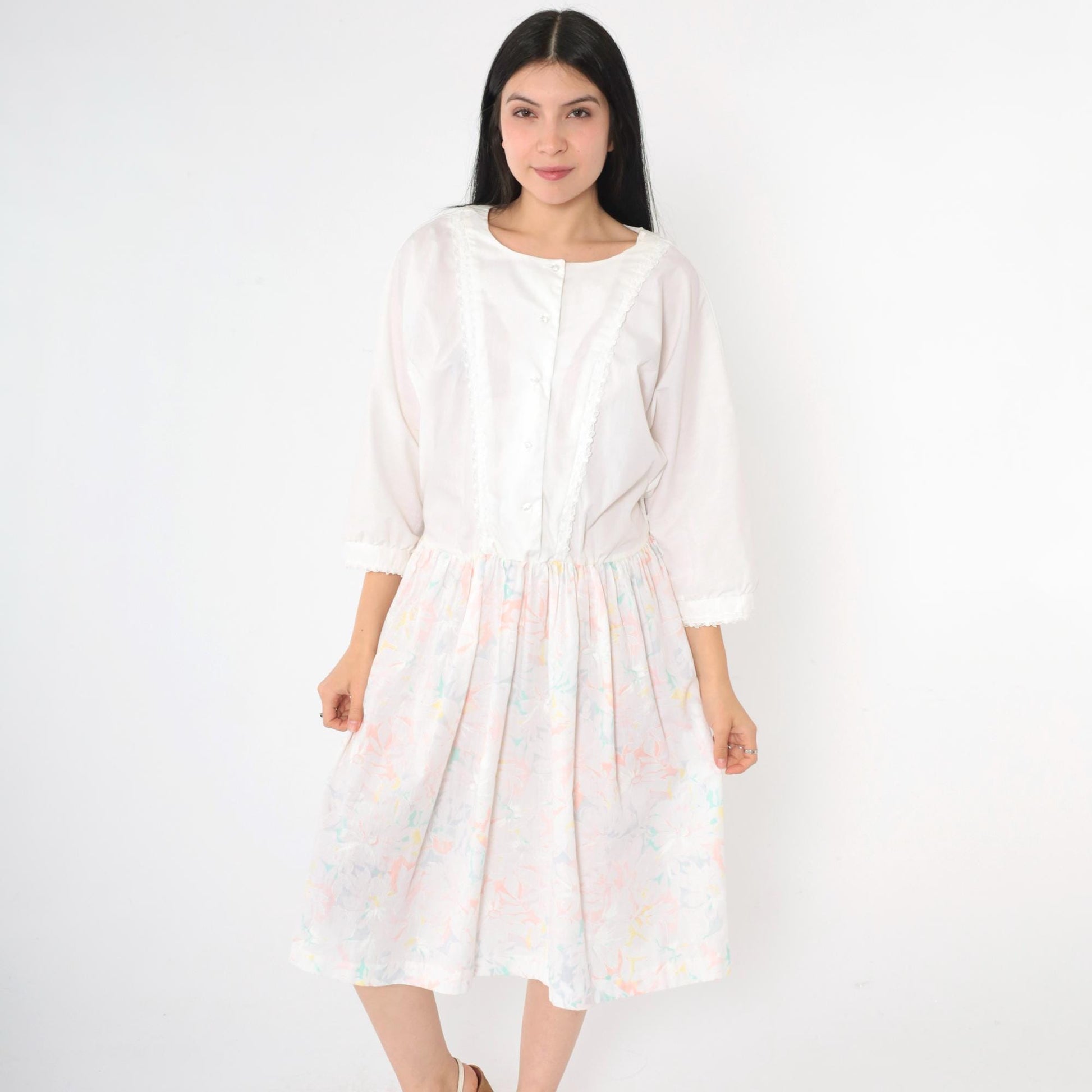 80s White Floral Midi Shirtdress Lace Trim High Waist Button Front Large L