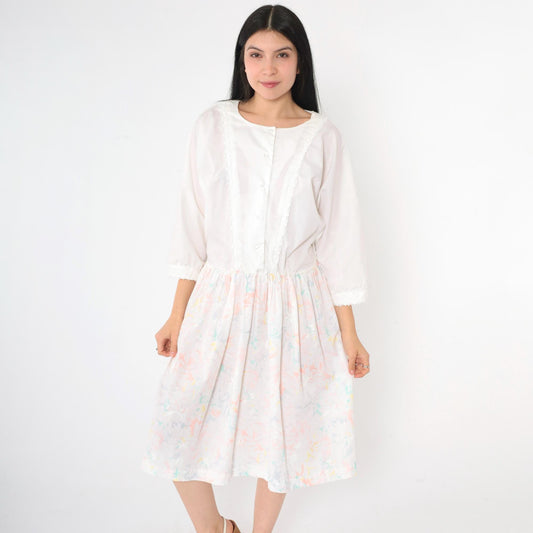 80s White Floral Midi Shirtdress Lace Trim High Waist Button Front Large L