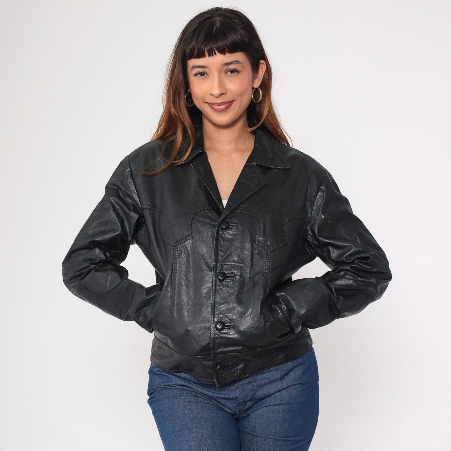 80s Black Leather Motorcycle Jacket Western Yoke Button Front Medium