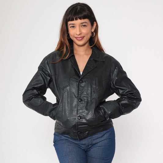 80s Black Leather Motorcycle Jacket Western Yoke Button Front Medium
