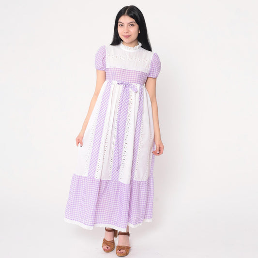 70s Youngland Gingham Maxi Dress Lavender Eyelet Empire Waist Puff Sleeve Extra Small