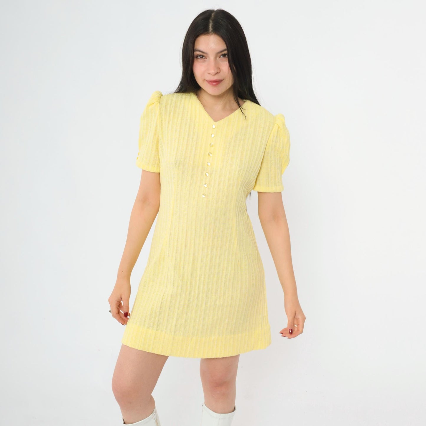 60s Yellow Ribbed Knit Mini Dress Puff Sleeve Shift Small Medium